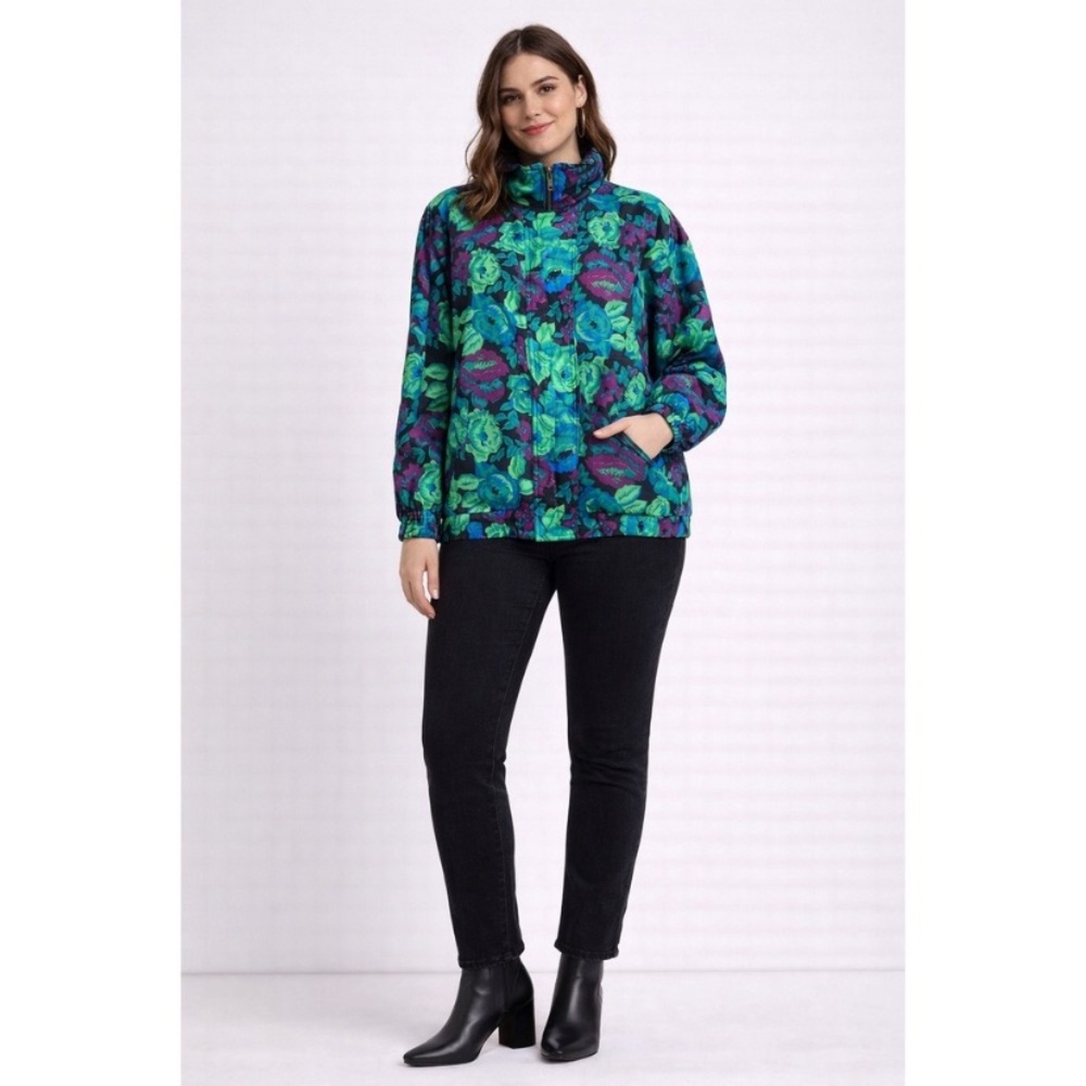 Vintage London Fog Floral Jacket Women's Green Purple Blue Zip Front Size L